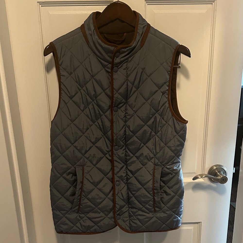 Slate Blue Quilted Vest with Brown Trim Small